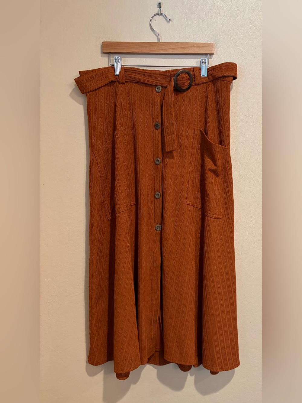 Fall Cowgirl Copper Brown A-Line Partial Button Front Skirt, w/ Pockets & Belt